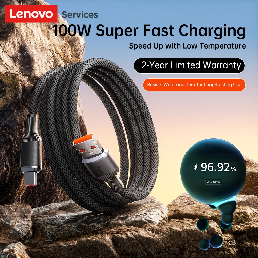 كابل بيانات Lenovo 100W 6A سريع الشحن USB/Type C إلى Type C لهاتف Samsung Huawei Xiaomi OPPO سلك نقل البيانات عالي السرعة