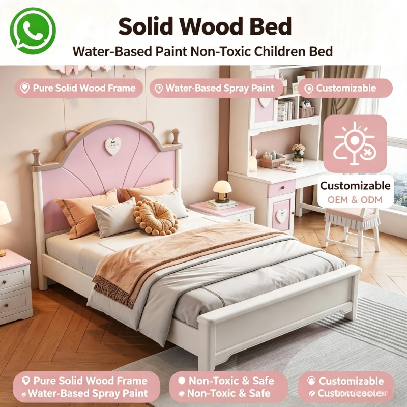 Cream Cat‑Ear Solid Wood Kids Furniture Set, Non‑Toxic Water‑Based Paint Bed Desk Bookcase Wardrobe for Bedroom & School