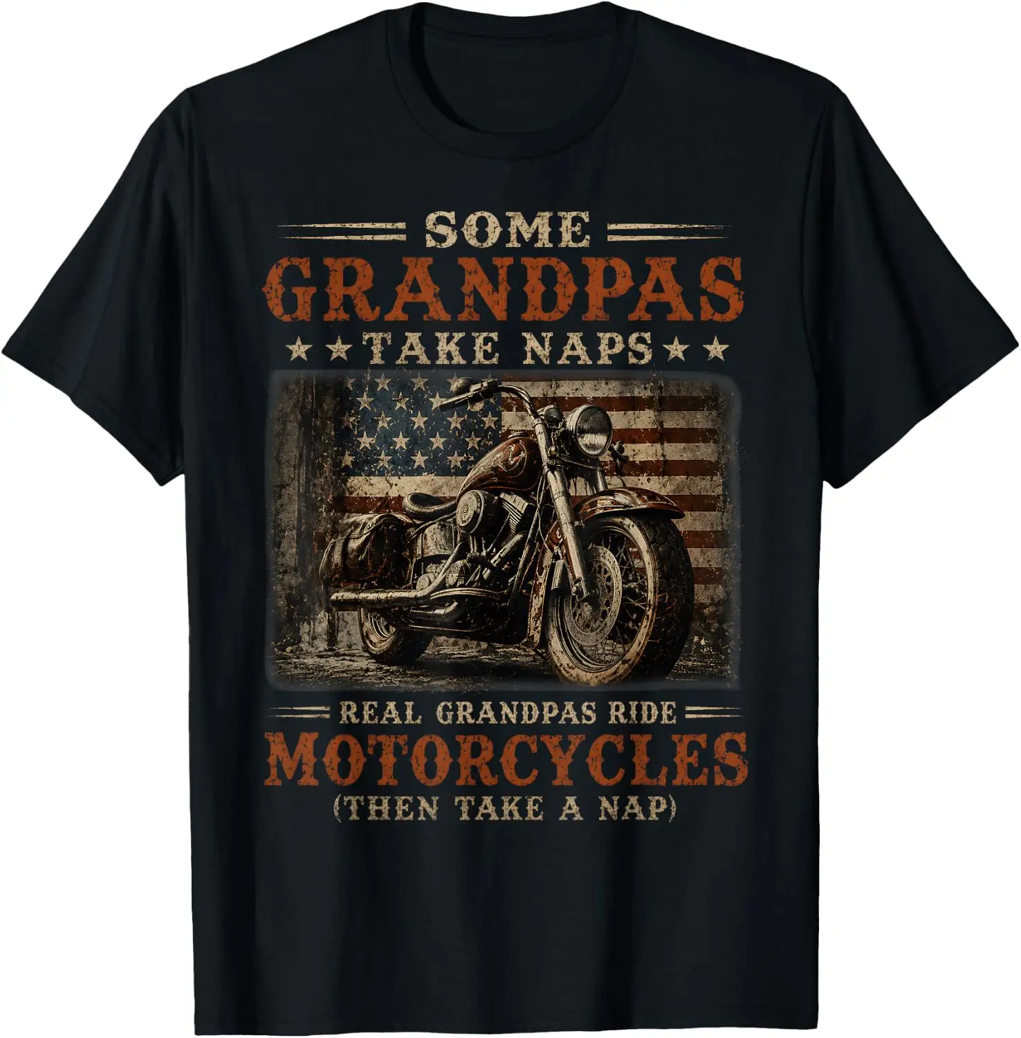 Some Take Naps Real Grandpas Ride Motorcycles T-Shirt Men Vintage Graphic T‑Shirt, Casual Crew Neck Short Sleeve Retro Art Print Tee, Classic Distressed Style Printed Top