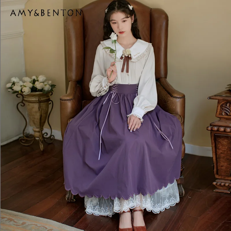 Spring Autumn New Elegant Retro Peter Pan Collar Lantern Sleeve Shirt Cross Tied High Waist Mid-Length Skirt Two-Piece Set Women