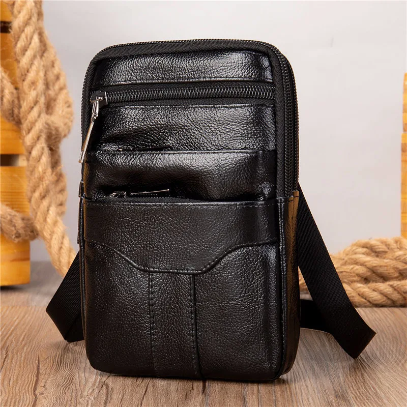 Fashion Men\'s Messenger Bag Solid Color PU Bag Mobile Phone Shoulder Bag Small Travel Waist Bag Multi-Pockets Male