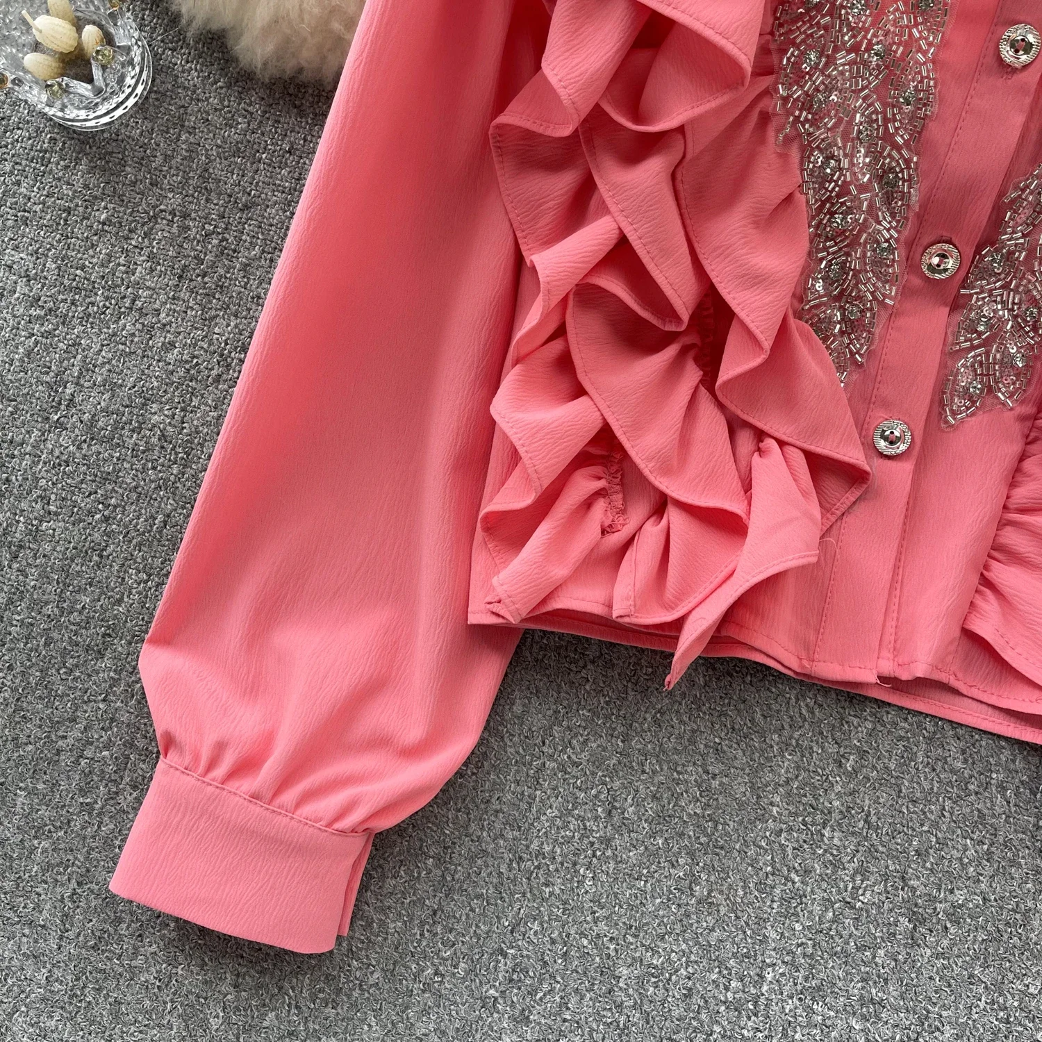 Women Chic o-neck Long Sleeve patchwork Beading Sequin Solid Slim Sexy Korean T-shirt Fashion Summer Women Shirt