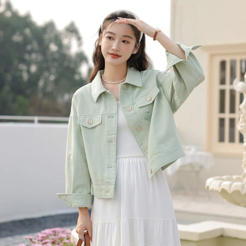 

Embroidered Denim Jacket Coat Women's New 2025 Spring Autumn Outfit Sweet Versatile Thin Workwear Jacket Jeans Top Outerwear