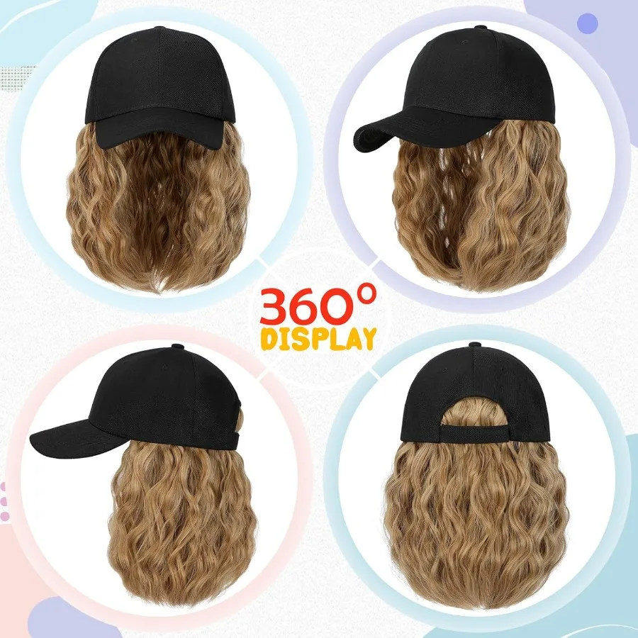 قبعة بيسبول شعر مستعار مع شعر مرفق 16 بوصة قبعة سوداء قابلة للتعديل تتميز وصلات شعر بوب صناعية مموجة ومجعدة للنساء