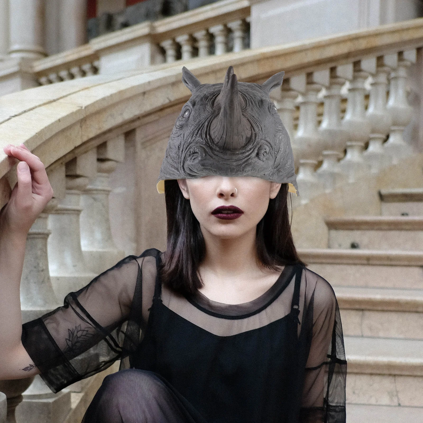 

Durable Latex Rhino Halloween Cosplay Mask Lifelike Scared Lightweight Easy Wear Party Performance Photo Props
