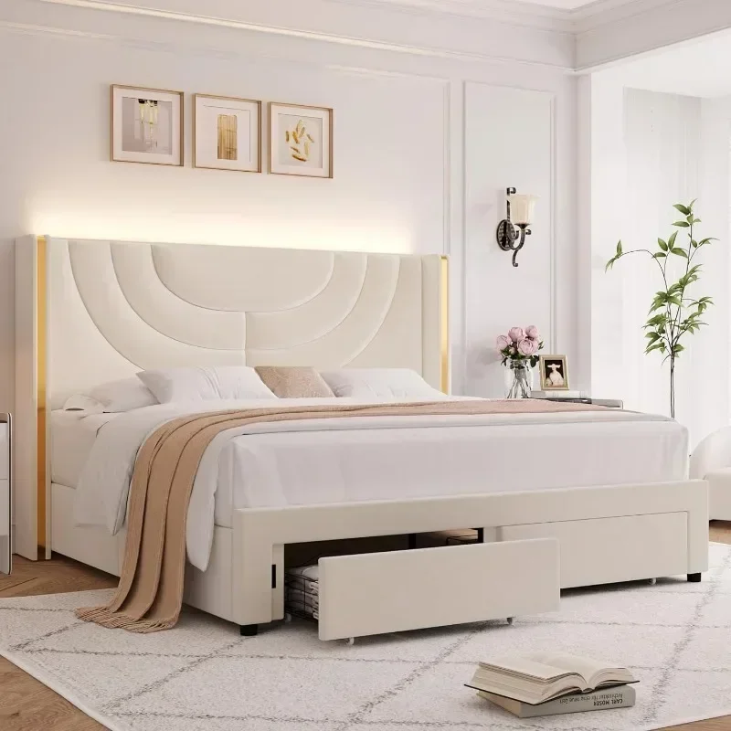 Nordic Long - Lasting Queen Upholstered LED Bed Frame With 2 Storage Drawers, Velvet Platform Bed With Wingback Headboard