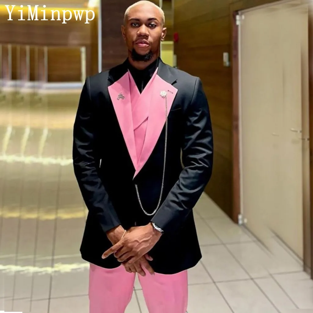 

Black Pink Men Suits African Prom Party Suit Single Breasted Blazer Sets Costume Homme trajes de vestir para hombre 3 Pieces