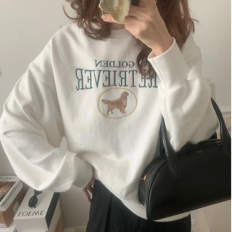 Chic Otoño Invierno perezoso Sle redondo Ne pulóver bordado pesado perro suelto puro algodón largo Sve sudadera Mujer