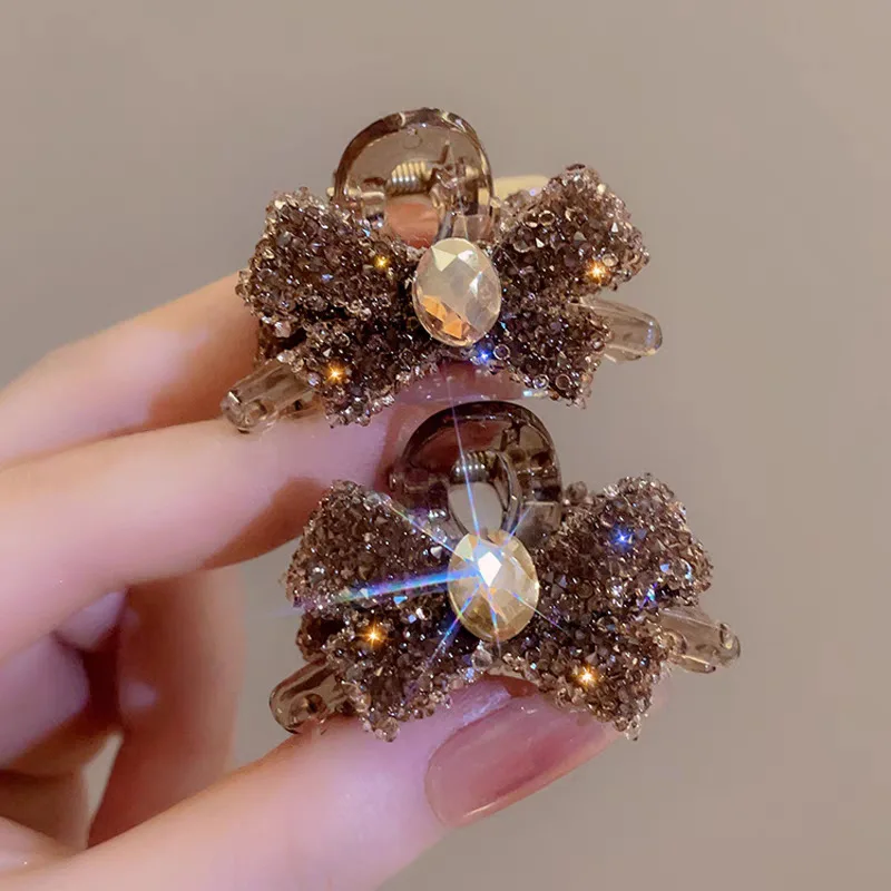 2Pcs Sparkling Diamond Bow Clip Coffee Color Light Luxury Hair Accessory Firm Side Clip Dating Commuting Exquisite Headwear