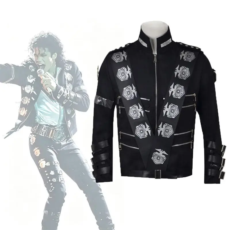 MJ King of Pop Replika Schwarze Punk-Jacke mit Adler-Metallabzeichen, Cosplay-Outfit, Sänger-Imitatator, Fancy-Anzug