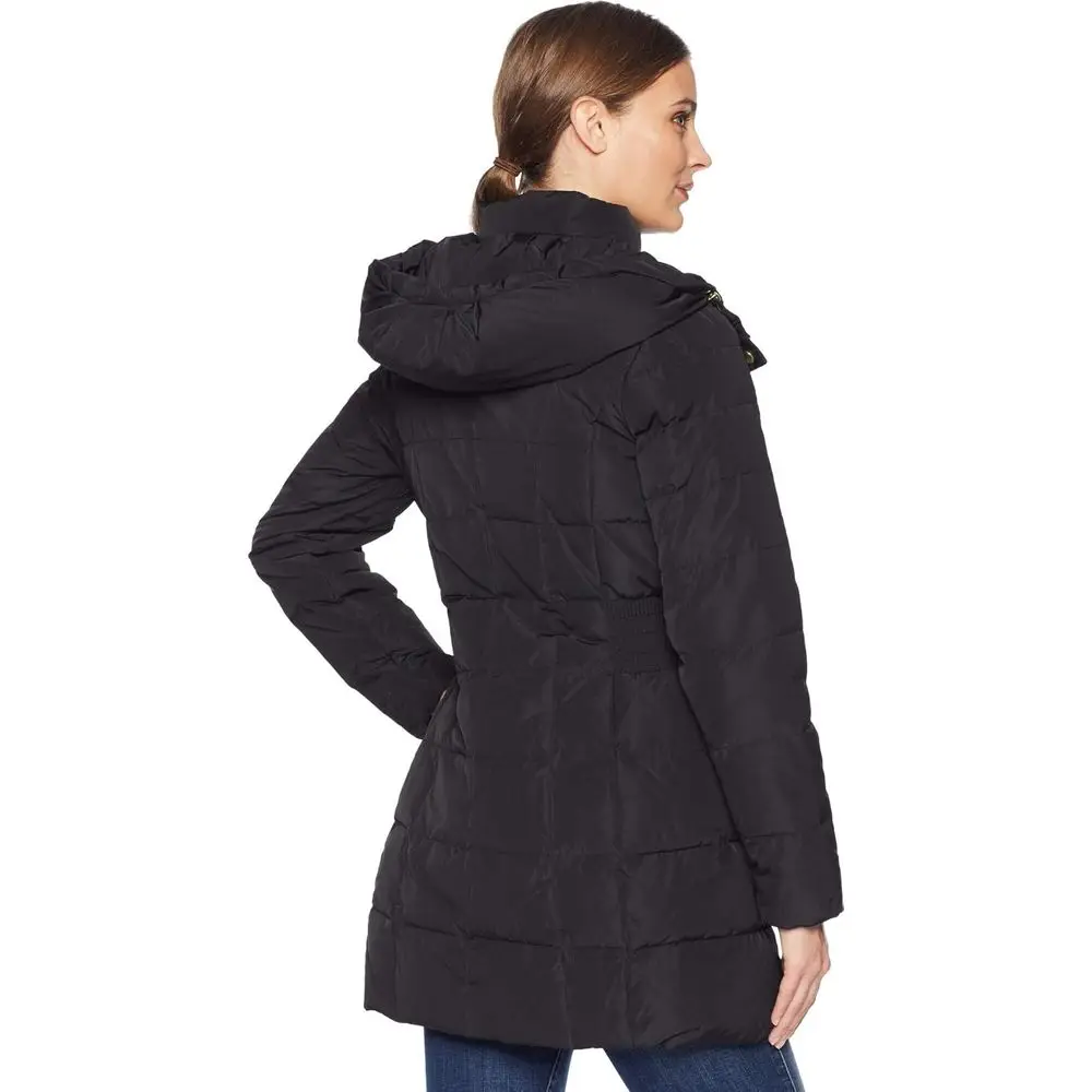 womens Taffeta Down Coat With Bib Front and Dramatic Hood