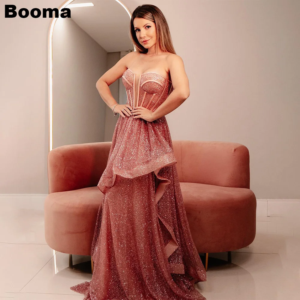 

Booma Shiny A-Line Prom Dresses Sweetheart Boning Corset Ruffles Evening Gowns Floor Length Formal Occasion Dress gala for Women