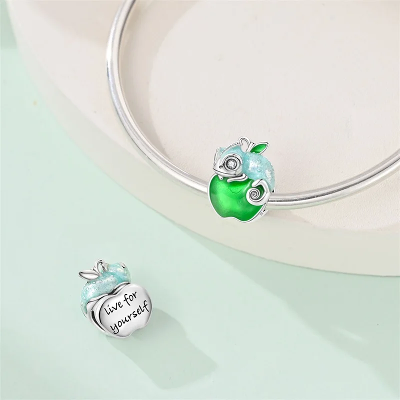 

925 Sterling Silver Chameleon Apple Charms Beads CZ Zircon Dangle Fit Original Bracelet DIY Women Cute Birthday Green Jewelry