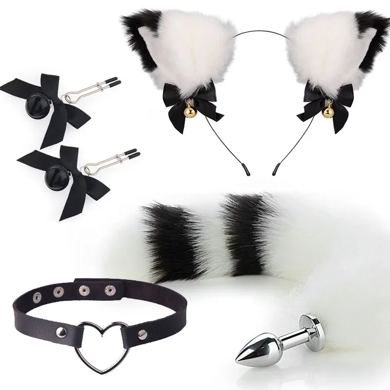 4pcs Cute Fox Tail Anal Plug Cat Ears Headbands Nipple Clip Neck Collar Set Erotic Cosplay Sex Toys for Women for Couples Erotic