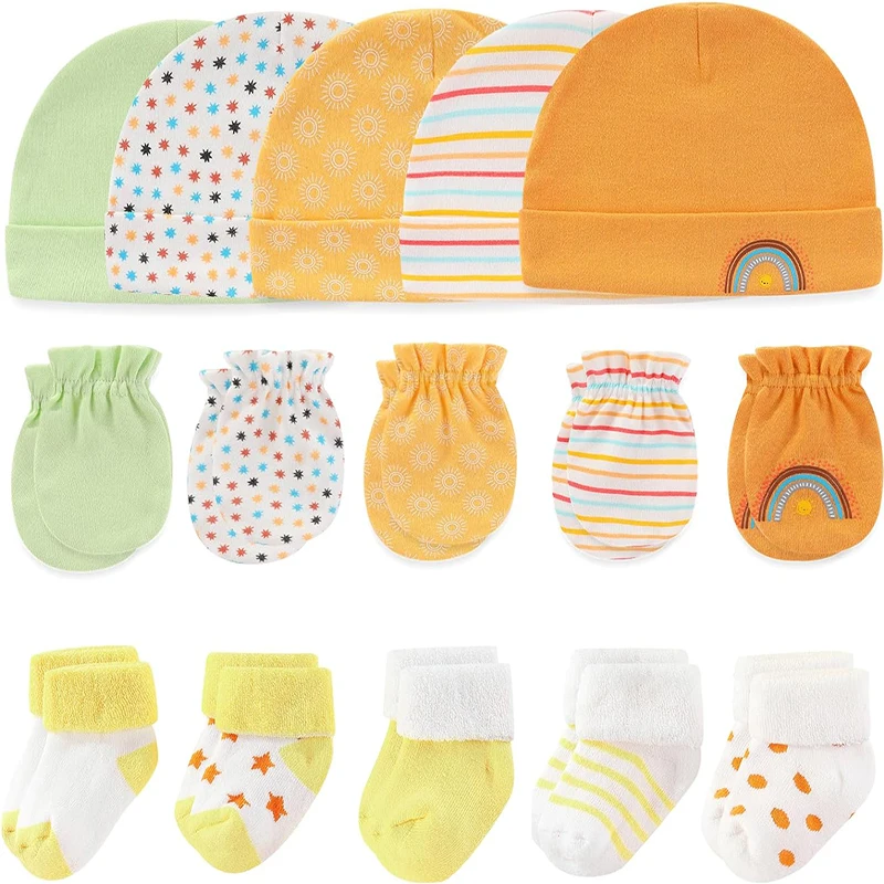 15Pieces Newborn Baby Boy Girl Headwear 100%Cotton Gloves+Hats+Socks Sets Infant Supplies Accessories Cartoon 0-12M Solid Color