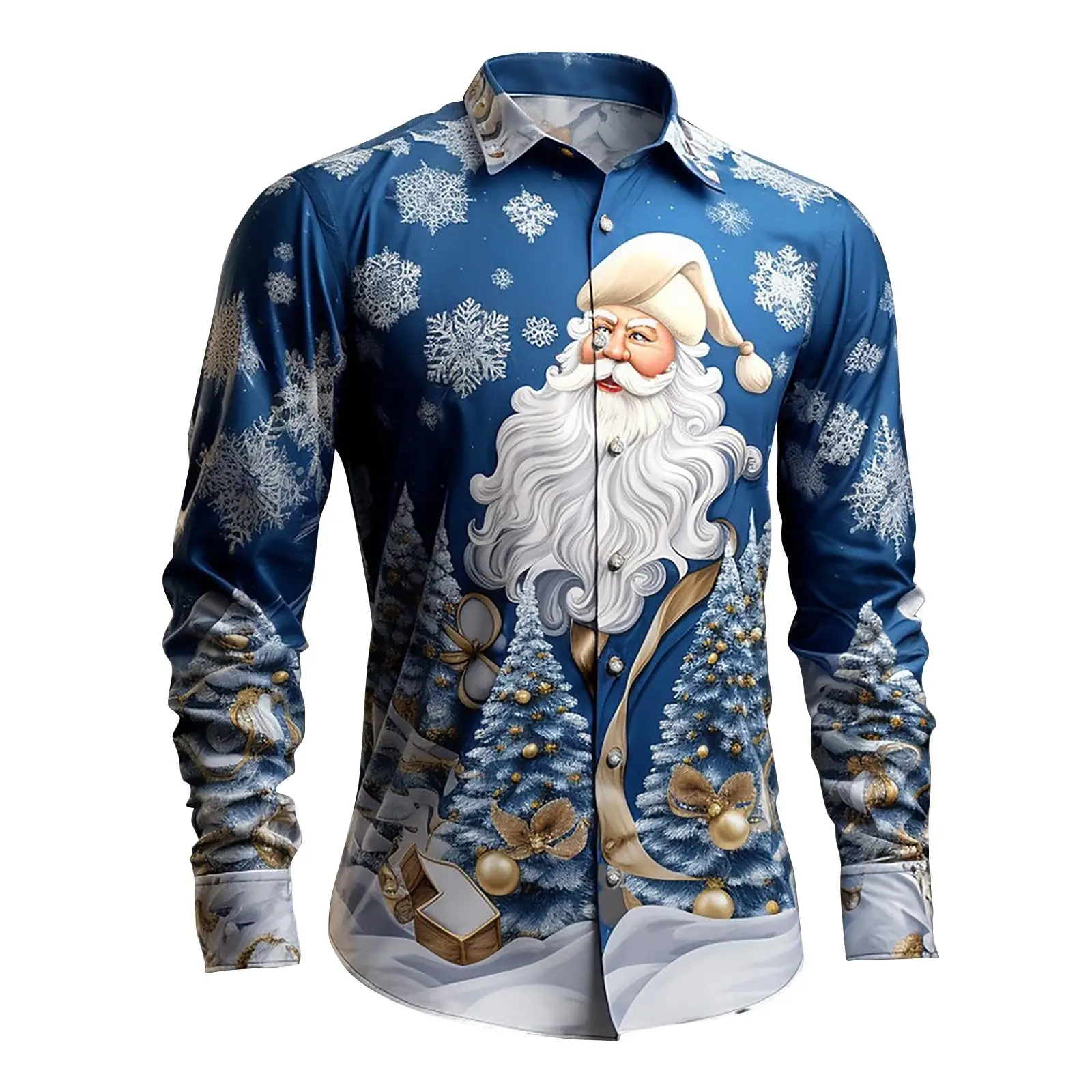 Christmas themed men's 3D snowflake Santa Claus print festive atmosphere lapel long-sleeved shirt casual slim-fit shirt