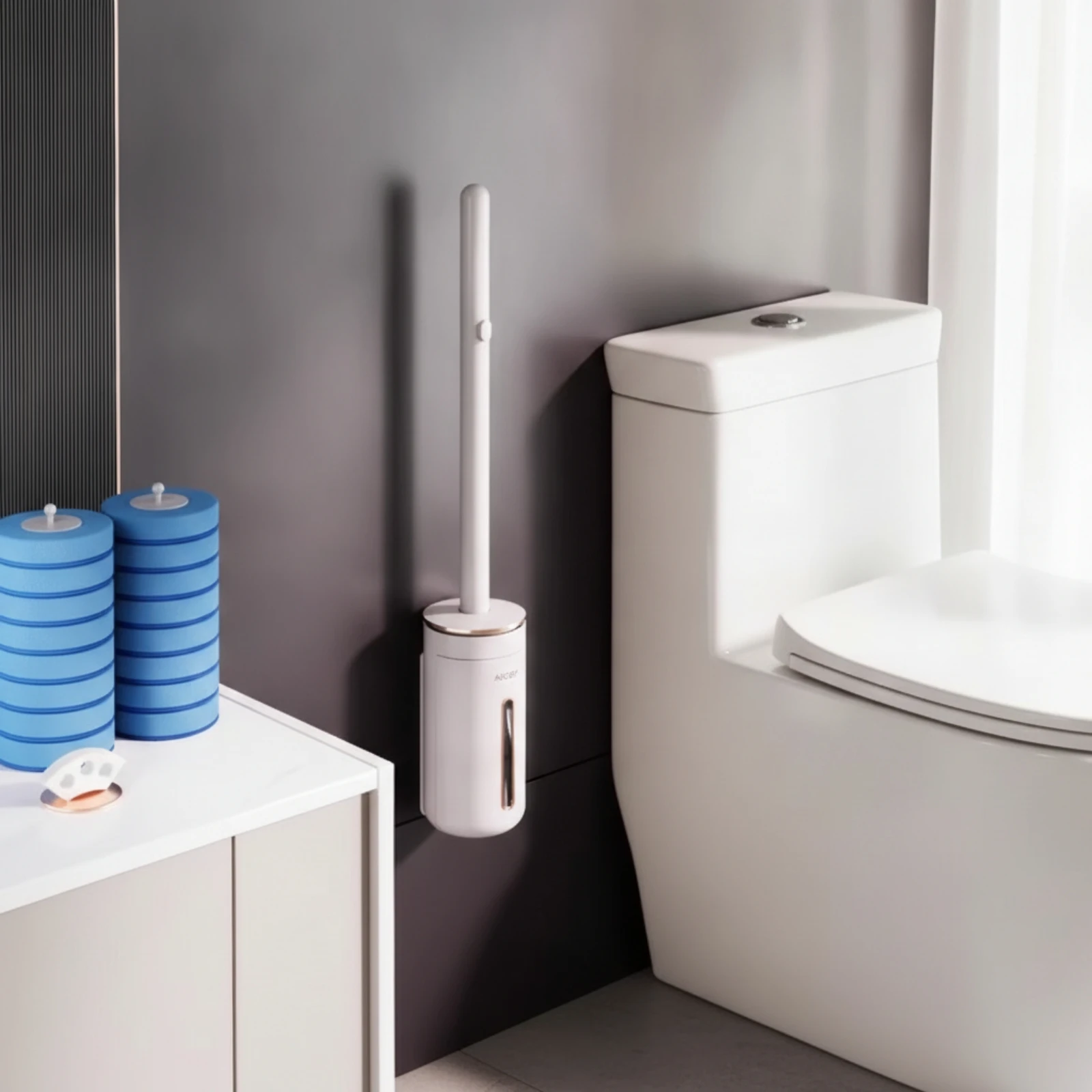 Wall-Mounted Toilet Brush with Holder Compact Toilet Brush with Refill Heads Cleaning Tool Long-Handled Space-Saving