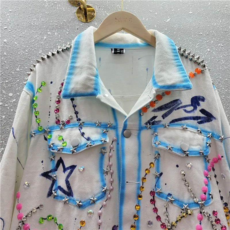 Multicolore rivetto diamanti grande tasca giacca di Jeans donna sciolto corto bianco blu capispalla Cowboy stampa Jeans giacca cappotto femminile