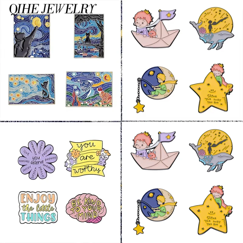 4pcs/set Cartoon Boy Fox Moon Star Whale Paper Boat Enamel Pins Oil Painting Black Cat Art Starry Sky Brooch Lapel Badge Jewelry
