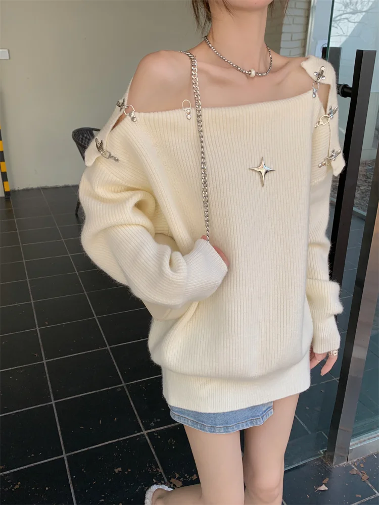 2022 Winter Elegant Knitted Sweater Women Designer Casual Sexy Pullover Y2k Clothing Korean Fashion Office Lady Blouse and Tops