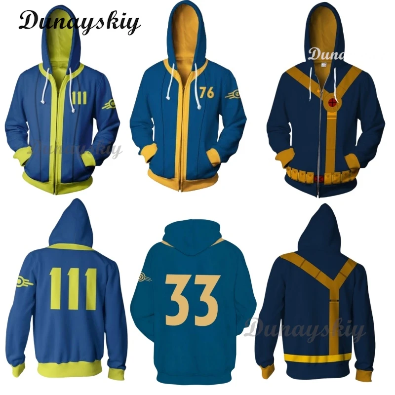 Fall 4 Out Game Cosplay Costume Hoodie Vault 11 33 Shelter Zip Up 3D Print Jacket Sweatshirt Street Coat