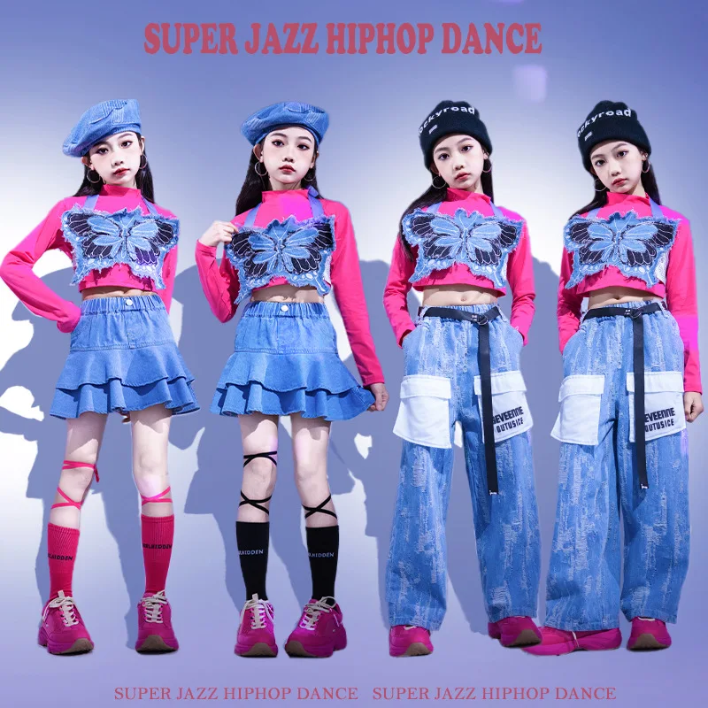 Girls Hip Hop Jazz Clothes Sets Halter Butterfly Sling Top+T-shirt+Denim Skirt Jeans Kids Performance Suit Street Dance Costumes