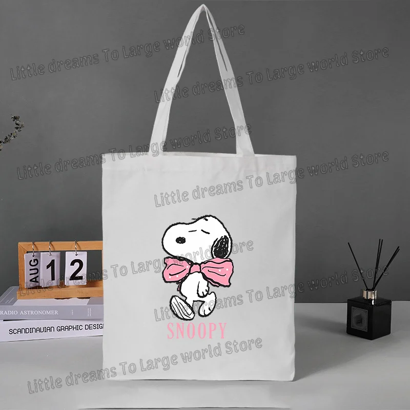 กระเป๋าผ้าแคนวาสลายสนูปปี้ พิมพ์ลายอนิเมะ ใช้ซ้ำได้ พับเก็บได้ กระเป๋าถือสำหรับผู้หญิง ซักได้ กระเป๋าใส่ของชำแบบพกพา เป็นมิตรกับสิ่งแวดล้อม