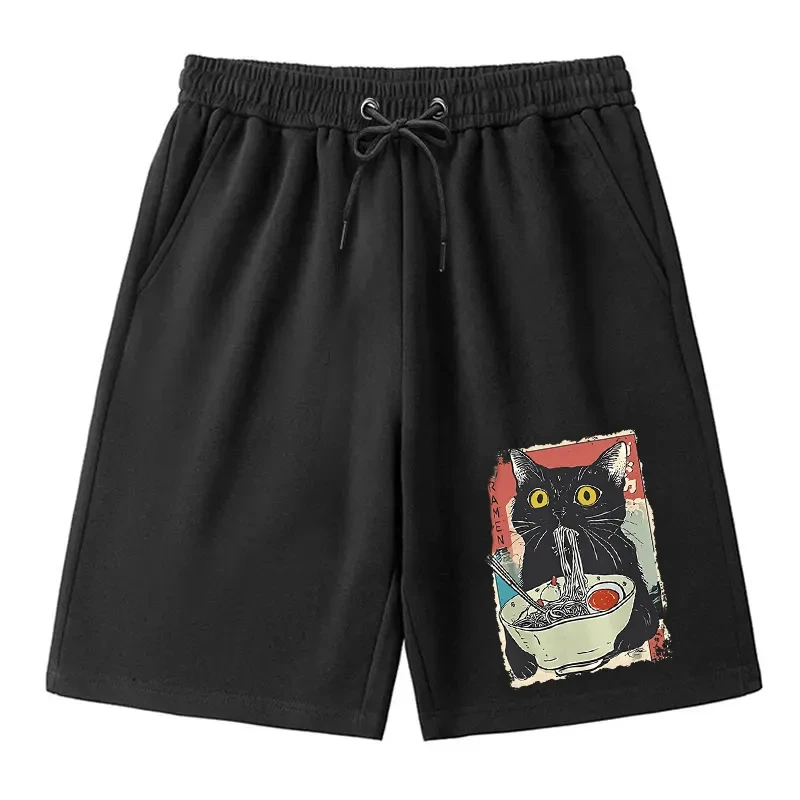 

Классические шорты с изображением милого кота, едящего рамен, мужские и женские хлопковые летние шорты, повседневная дышащая модная одежда, уличная одежда унисекс