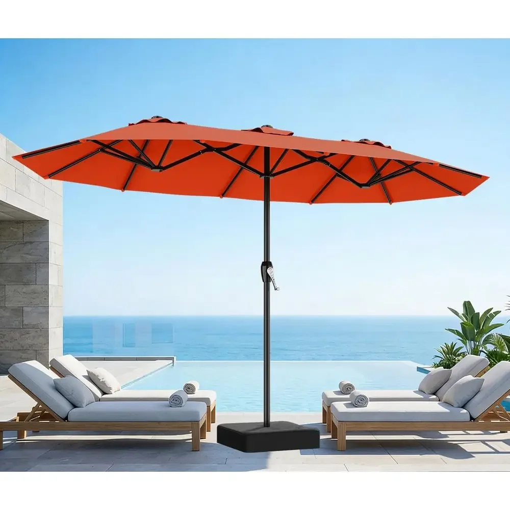 12-Rib Fiberglass Patio Umbrella with Base, Large Double-Sided Outdoor Shade for Garden, Pool, Deck, Backyard, Orange