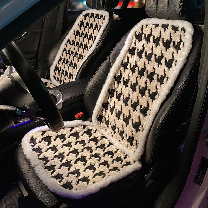 PKQ Black plaid plush winter car seat cushion multi piece set Seat Cushion for Most Car cute car accessories  car seat cover 