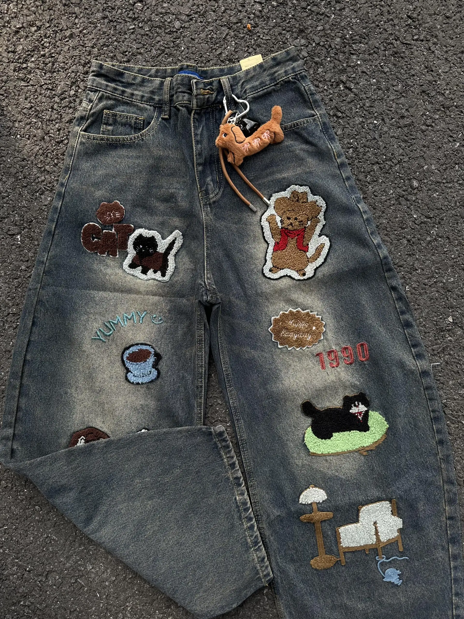 

Retro American Floing Dog Wide Leg Waed Denim Pants Women Loose Straight Tube Design Sensation Long Trousers Autumn Winter