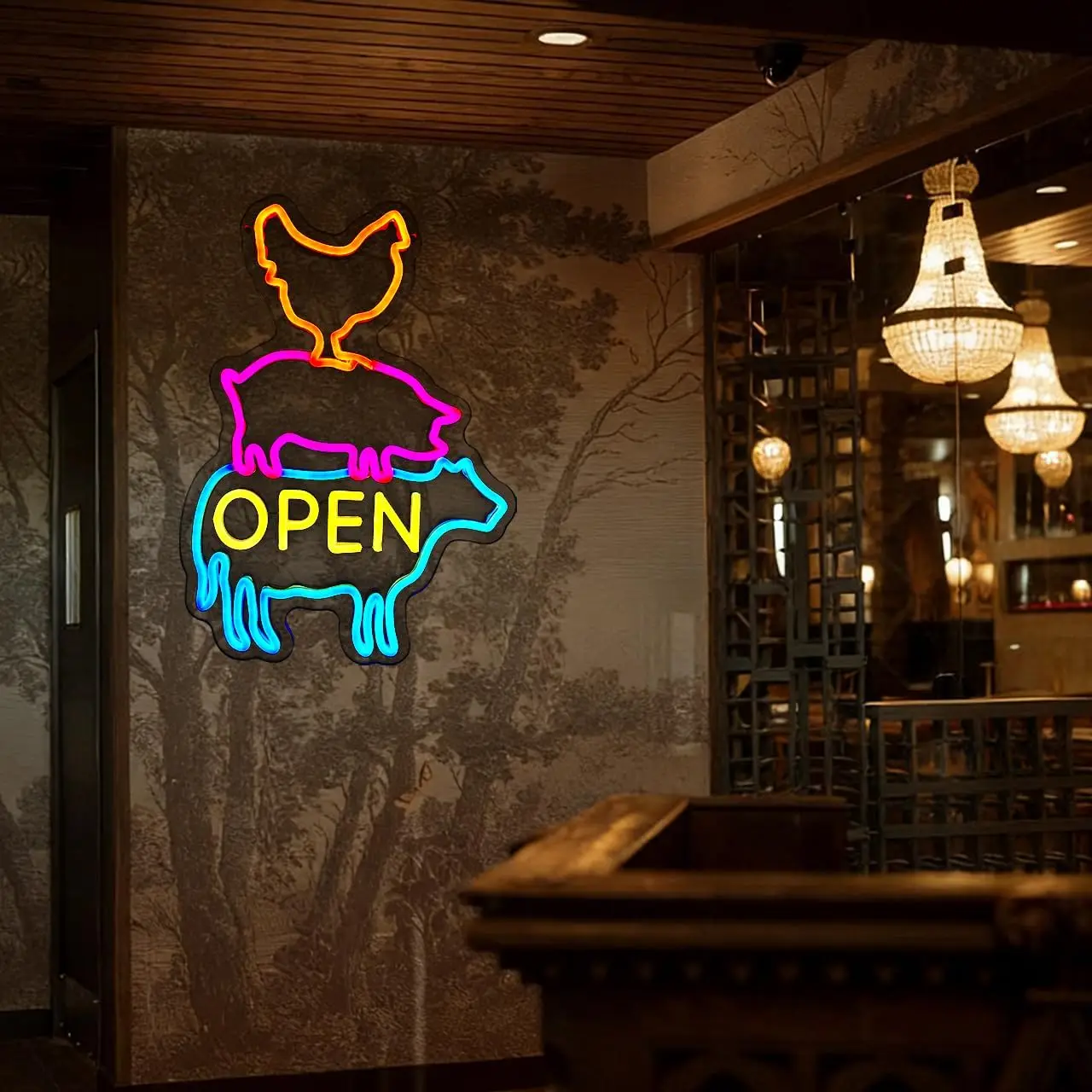 Farm Open Neon Sign Chicken Pig Cow LED Neon Light for Coop Supermarket Animal Meat Ket Fast Food Farmhouse Butcher Shop Decor