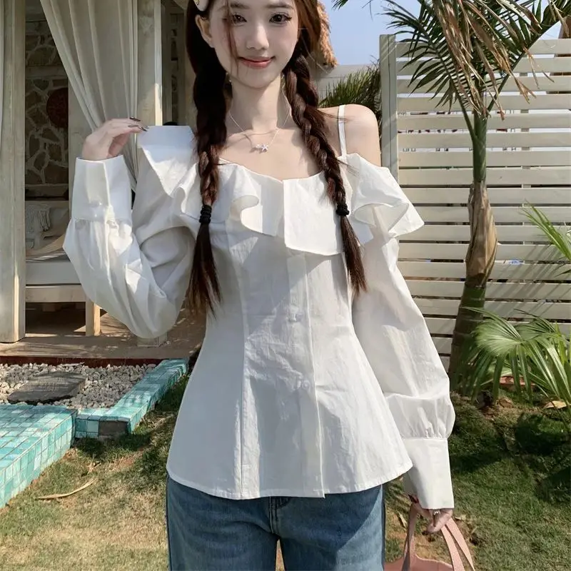 

Ruffle pure and shoulder-length sleeve shirt for women 2025 spring and summer new style slim and waist-hugging white shirt chic