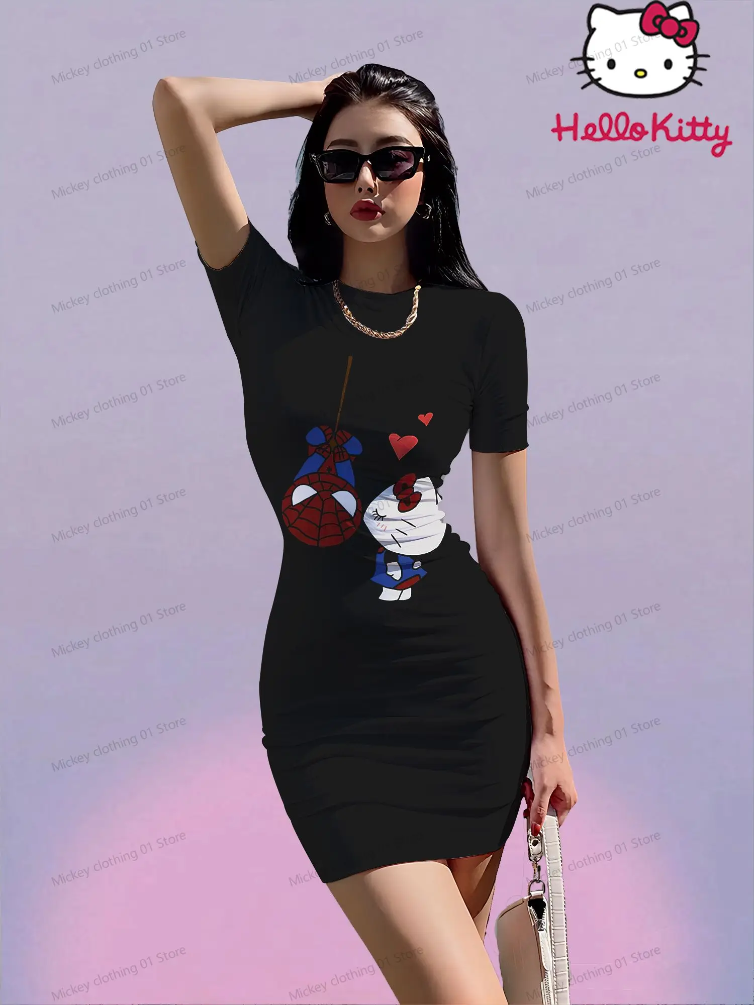 Women's  Short Sleeve Hip Dresses Hello Kitty Summer Dress Dames 2024 Kawaii Youthful Woman Clothes Boho O Neck Y2k S-3XL New