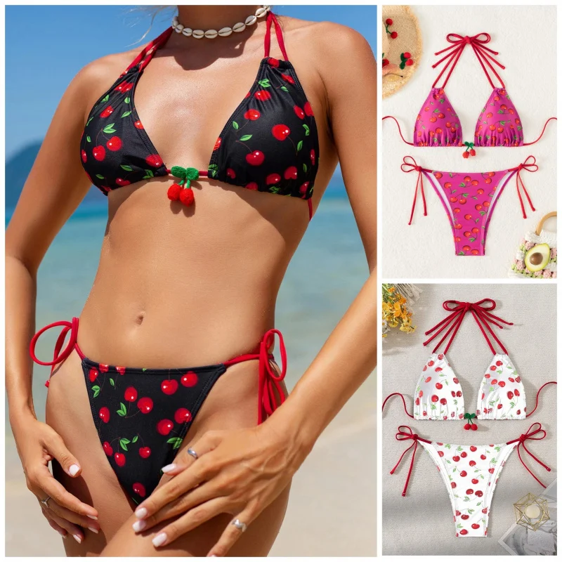 

New women's swimsuit with sexy cherry print three-piece bikinibikini