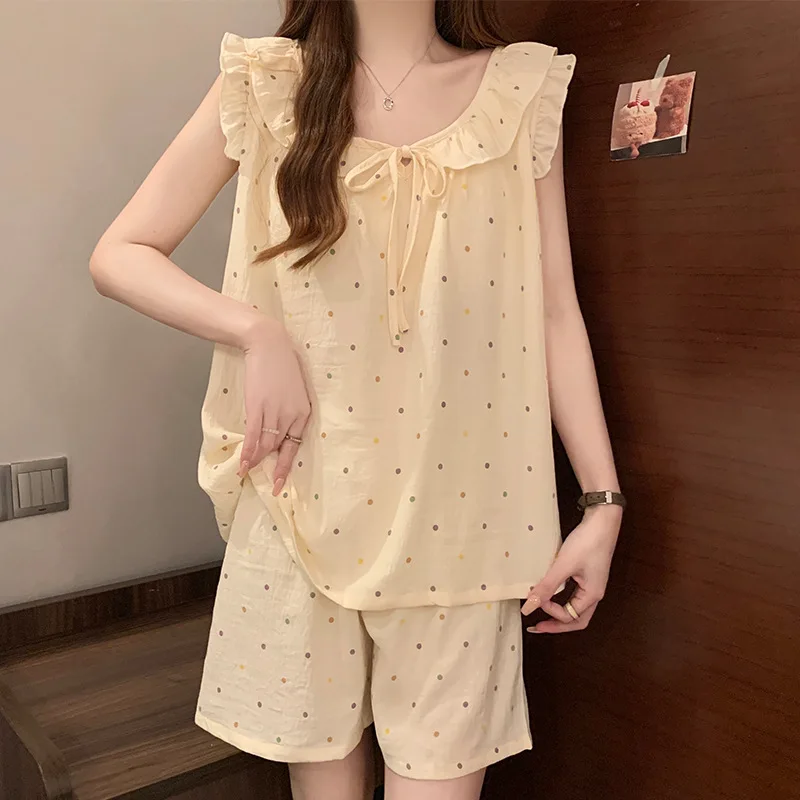 Pijamas de pantalones cortos para mujeres, conjunto de chaleco de verano para niñas, algodón de nube con almohadilla para el pecho, ropa de dormir dulce, ropa de casa