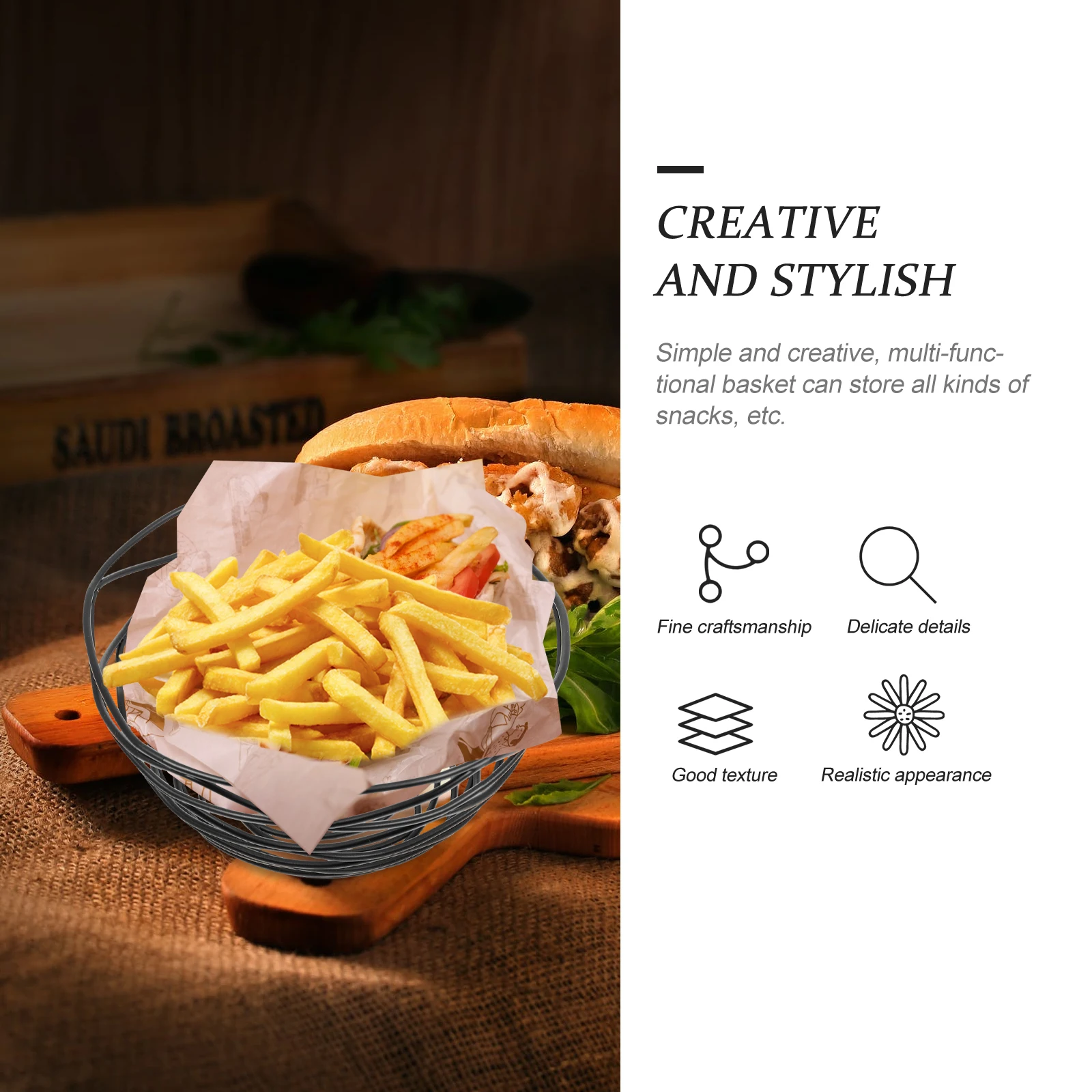 

Metal Fried Food Basket Hollow-Out Design Appetizer Serving Dish Stylish Storage Container for Fruits Vegetables Bread 125