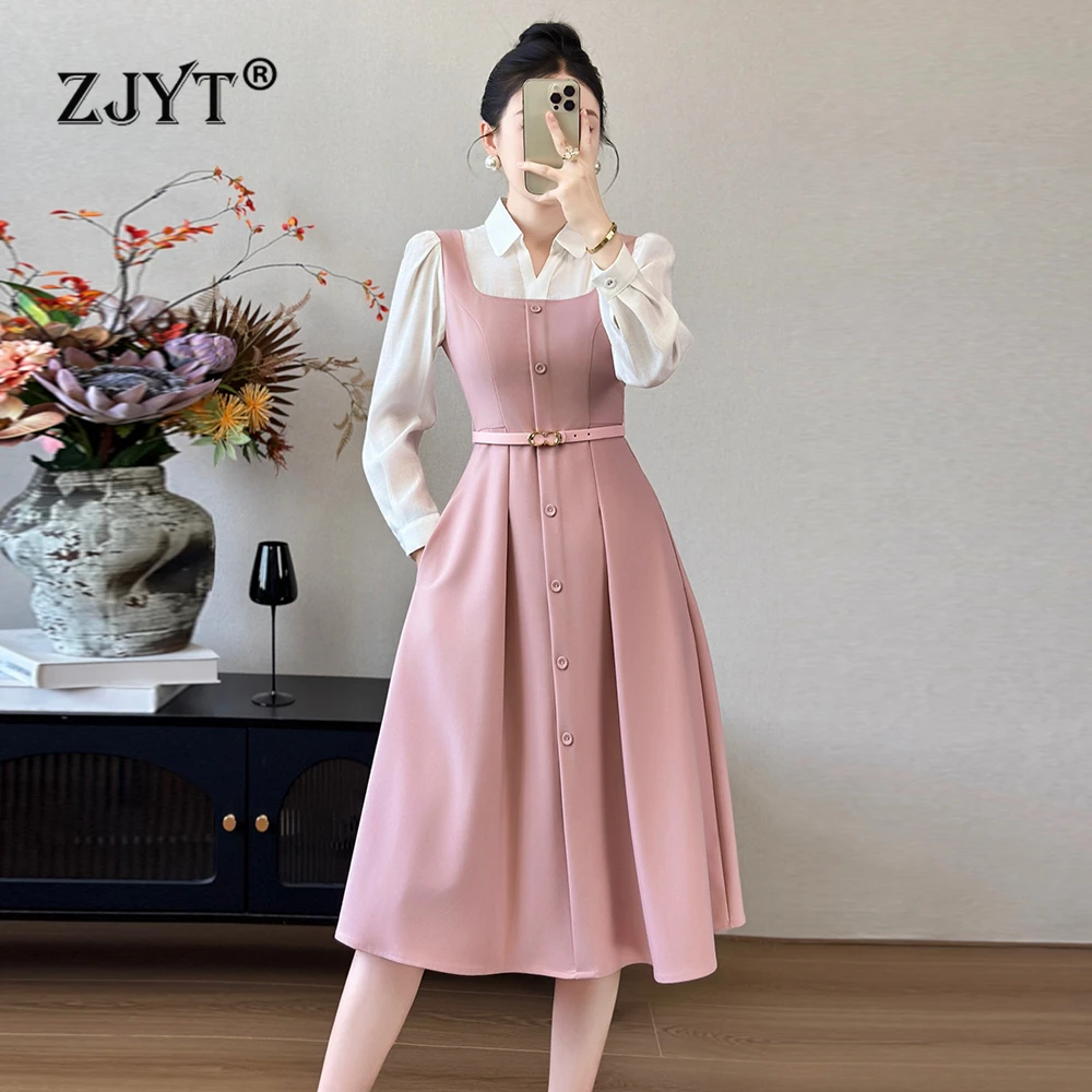 

Женское элегантное платье ZJYT с длинным рукавом, весна 2026, дизайнерское, модное, повседневное, миди, для офиса, черное, розовое, Vestidos, для женщин