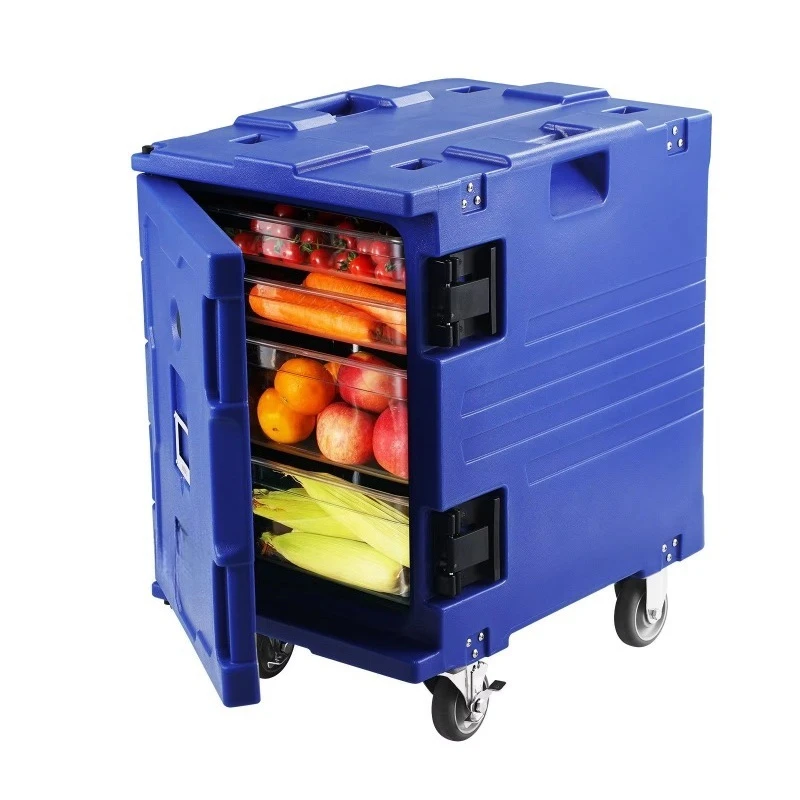 Blue insulated food pallet transporter 82 quarts, front-end loader with wheels, suitable for catering, restaurants, hotels
