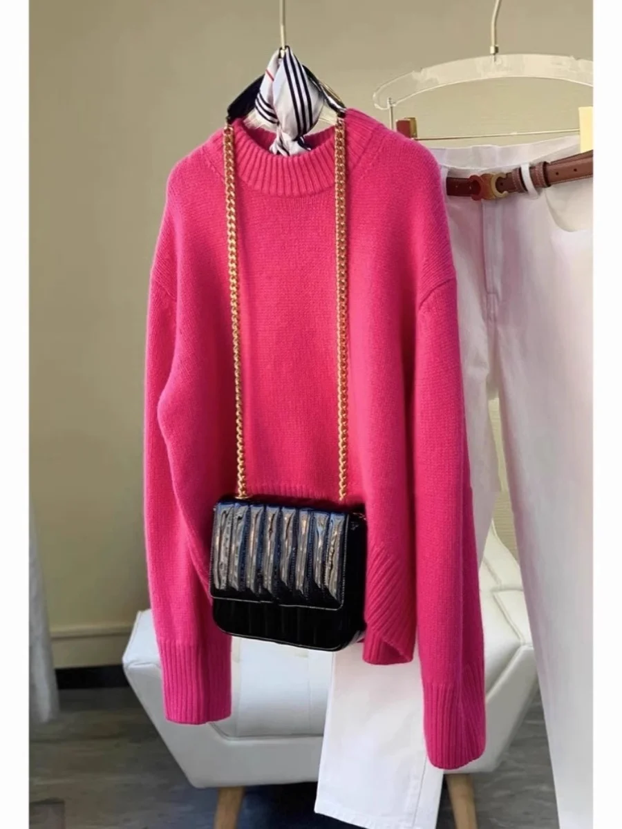 

Raspberry Pink Thickened Knitted Sweater round Neck Pullover Women's Autumn Winter Fashionable European Style Commute Korean ...