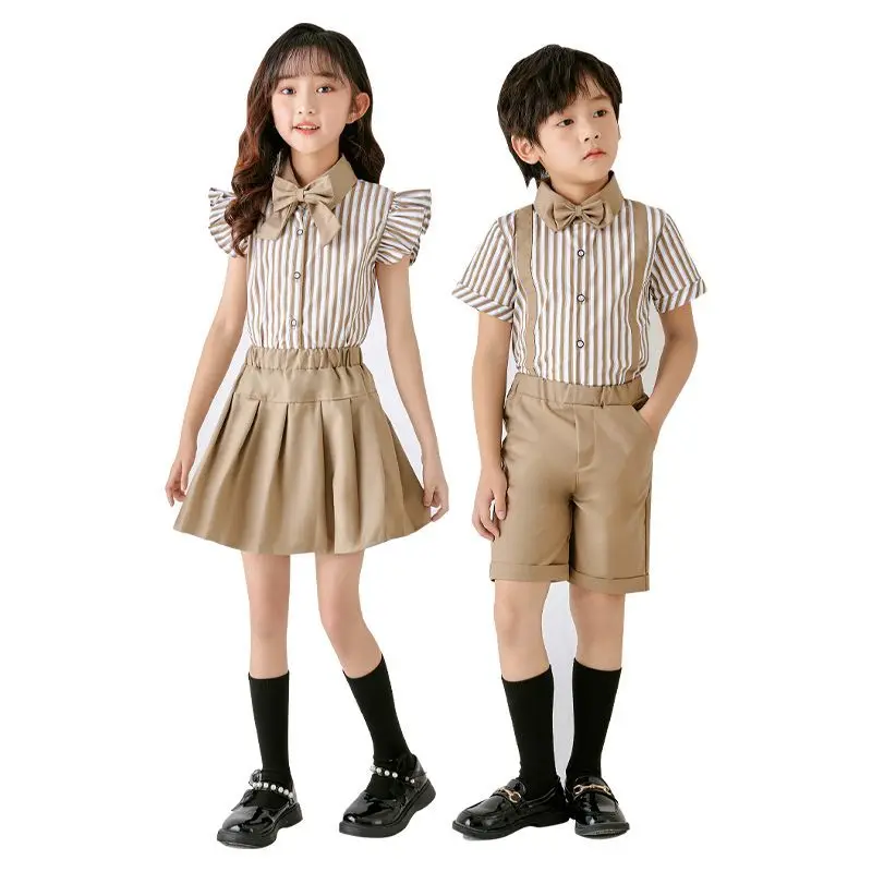 Boys Girls Shirt Pants Bowtie Badge Sock 5PCS Ceremony Costume Children's Summer School Uniform Twins Birthday Wedding Dress