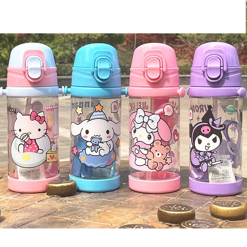 450ml Sanrio Cute Water Bottle with Straw mymelody Kuromi Cinnamoroll Portable Travel Bottles Sports Fitness Cup