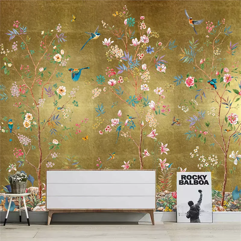 Customized size gold background mural Chinese gold, flower, bird, tree branch mural, living room and bedroom wall decoration