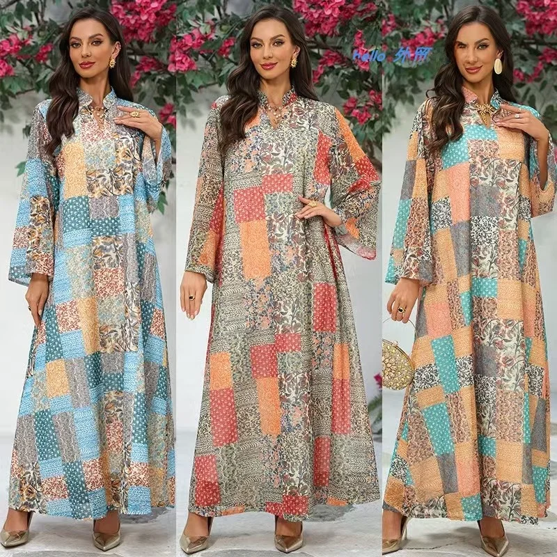 

Fashionable Long Sleeve Printed Dress V Neck Gown Ethnic Style a Line Skirt Long Dress Deep V Retro Style Floral Print Gown