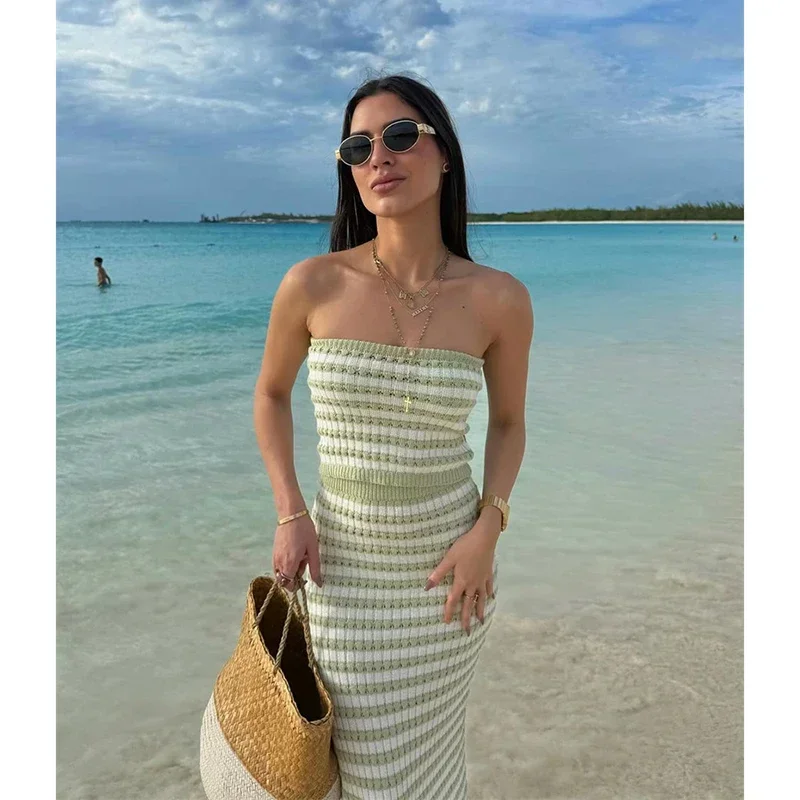 2025 Kintted Skirt Set Women Two Piece Beach Cover Up Sexy Mini Top With Slit Long Skirt Summer Hollow Out Beachwear Party Dress