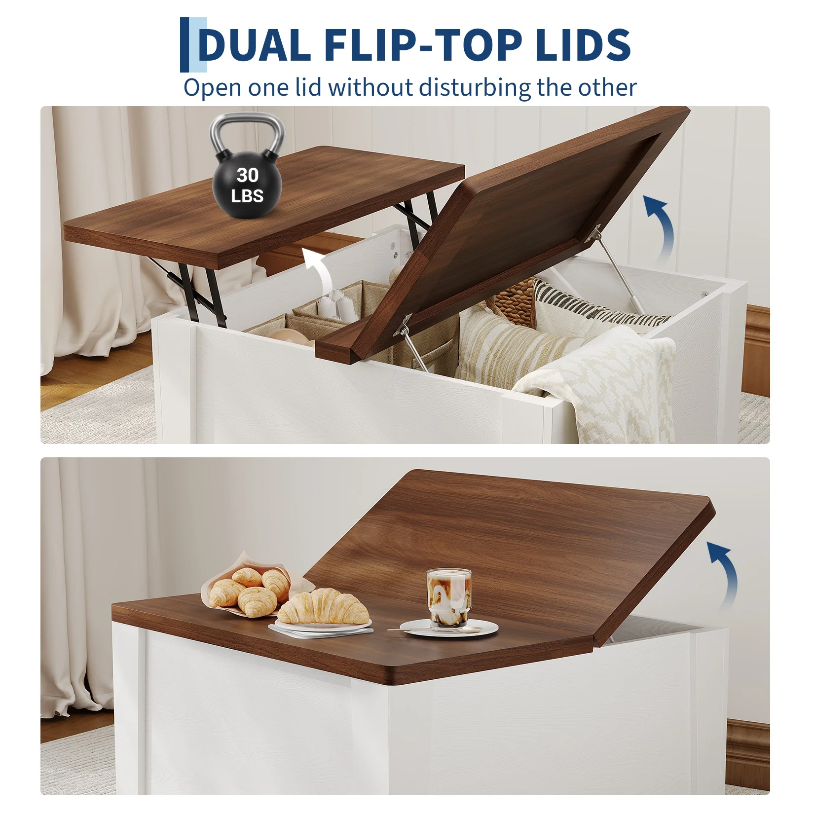 Farmhouse Square Coffee Table – Turn over-Top Hidden Storage Compartment, Gas Struts, Drawers, Easy-Clean Walnut Wood Grain – Indoor/Outdoor, Black Living Room Table, Black + Walnut Tabletop