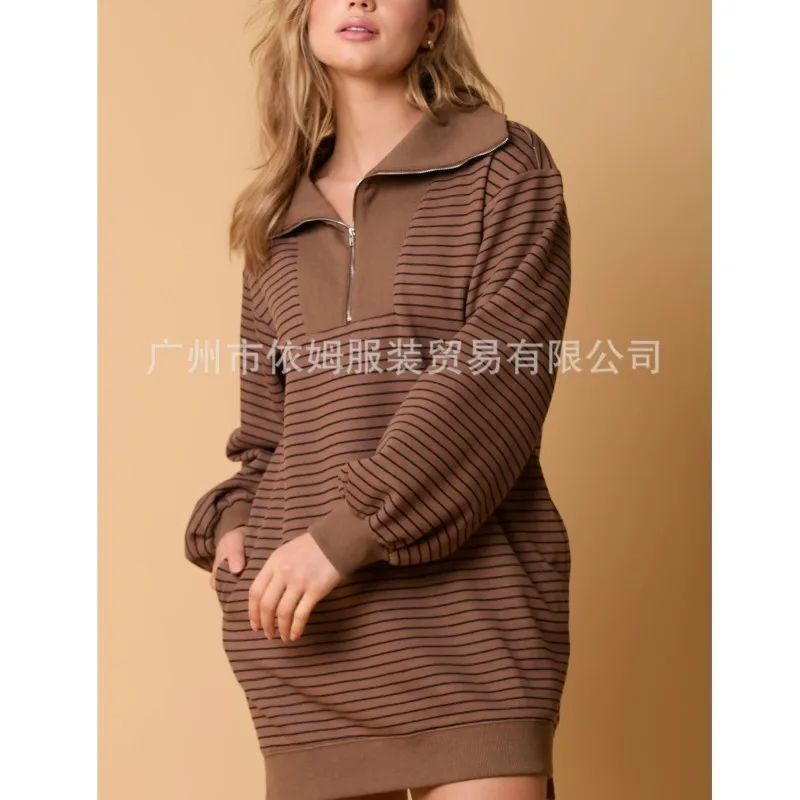Abito ampio Stile semplice Abiti a righe 2025 Donna Risvolto Moda Casual Pendolarismo Homewear Abbigliamento per la casa Maniche lunghe