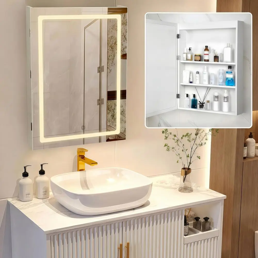 Botiquín con Espejo de 3 Niveles, Gabinete Flotante para Baño con Luz, Espejo de Tocador, Estante, Armario de Almacenamiento para Baño