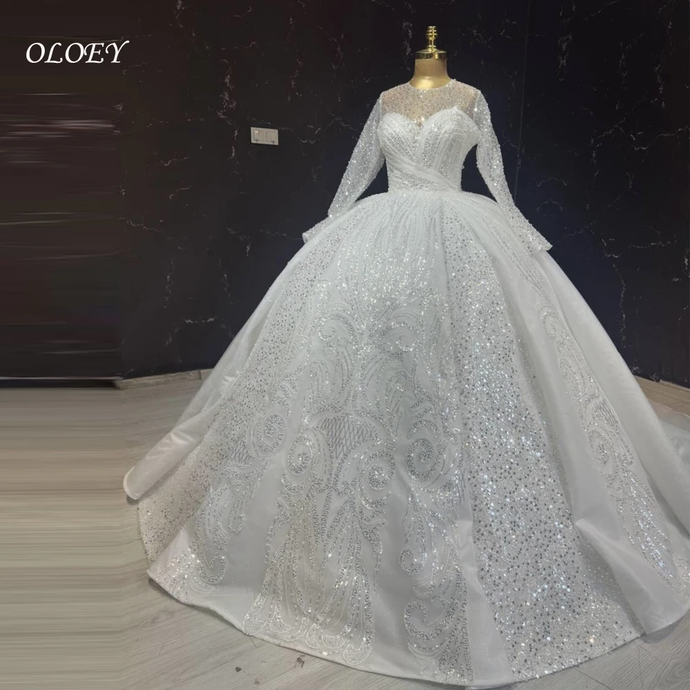 

OLOEY Customized Applique Wedding Dress Beaded Lace Ball Gown with Long Sleeves & Chapel Train Luxury Bridal Gown for Women
