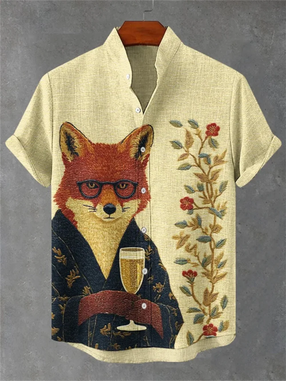 

Summer Men's Linen Shirt Animal Element Print Fashionable Stand up Collar Short Sleeved Cardigan Creative Men's Clothing